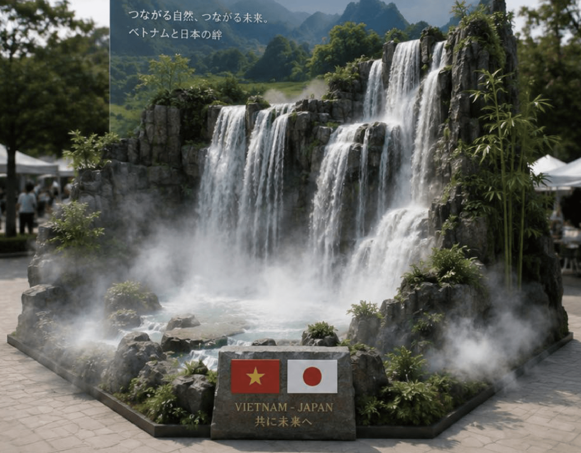 ミストが立ち込めるリアルな滝のミニチュア展示。手前の石碑に両国の国旗と『VIETNAM - JAPAN 共に未来へ』、左上に『つながる自然、つながる未来。ベトナムと日本の絆』のメッセージがある。